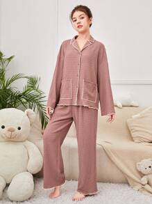 SHEIN Teenage Girls' Color Block Contrast Hem Lapel Pockets Shirt And Pants Homewear Set - Dusty Pink - View 4