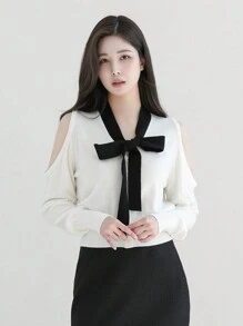 DAZY Women's Color Block Tie Cold-Shoulder Sweater,Fall Clothes - White - View 3