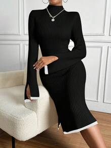 SHEIN Essnce 女式立領開衩袖口毛衣連身裙 - 黑色 - 查看 1