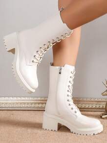 女性新款西式粗跟中筒靴,秋冬款式 - 米色 - 查看 6