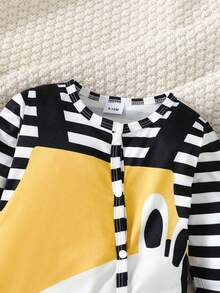 3入組新生兒男寶寶時尚全印花長袖連體衣+條紋帽子+圍兜套裝，適用於春秋季節