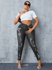 SHEIN SXY Kích thước lớn Của phụ nữ In Thon gọn Quần jean - màu đen - Xem 5