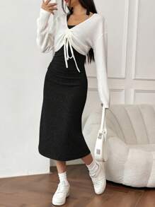 SHEIN EZwear Women's Asymmetrical Shoulder Ruched Dress And Drawstring Top 2pcs/Set - Black - View 1