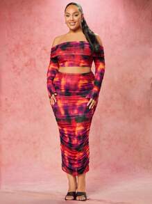 SHEIN BAE Valentine's Day Abstract Print Pleated One Shoulder Long Sleeve Top And Long Skirt Plus Size Two Piece Set - Multicolor - View 5