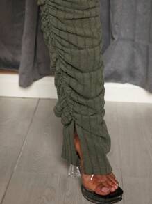 Slaydiva Plus Size Solid Color Long Sleeve Tight-Fitting Casual Two-Piece Set - Army Green - View 5