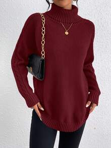 SHEIN LUNE 純色高領套頭連衣襯衫,線條寬鬆袖休閒毛衣 - 酒紅色 - 查看 4