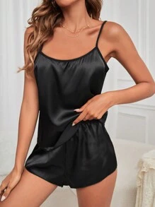 Conjunto de pijama de top tipo camiseta y pantalones cortos de unicolor para mujer - Negro - Ver 5