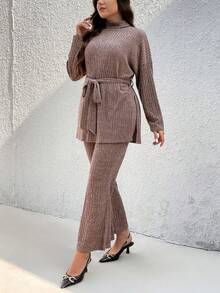 SHEIN Frenchy Bộ đồ hai mảnh thông thường có cổ màu trơn cỡ lớn - màu nâu - Xem 3