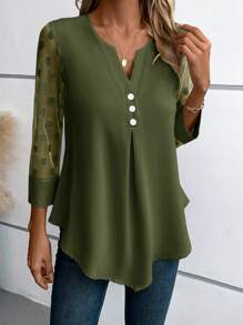 EMERY ROSE 女士不對稱式半扣領襯衫,v字形領口和3/4袖子 - 軍綠色 - 查看 3