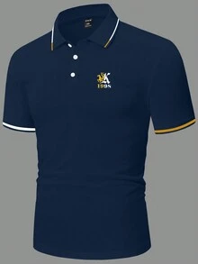 Manfinity Homme 男士大尺碼字母紋短袖polo衫 - 藍色 - 查看 3