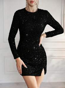 SHEIN Privé 女款圓領長袖亮片連身裙 - 黑色 - 查看 3