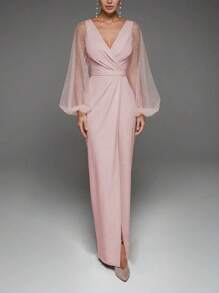 女士 V 领长袖收腰网眼灯笼袖连衣裙 - 粉色 - 查看 1