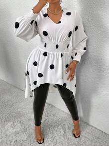 Maweii Plus Size Polka Dot Print Waist Long Sleeve Short Front And Long Back Shirt - White - View 1