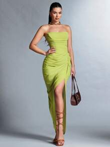 SHEIN BAE High Slit Strapless Dress - Green - View 6