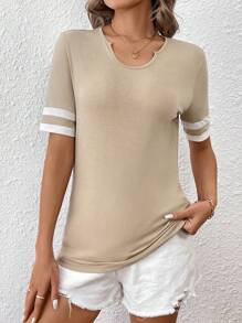 Chiquease Women's Color Block Striped Notch Neck T-Shirt - Multicolor - View 3