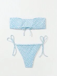 SHEIN Swim Women'S Ditsy Floral Strapless Bikini Set With Printed Ribbon Summer