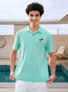 Manfinity RebelGame Nam Cây dừa & In thư Giải trí Ngắn tay Áo polo - Màu xanh Bạc hà - Xem 3
