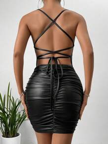 SHEIN SXY Lace Up Backless Ruched PU Leather Bodycon Dress - Black - View 1