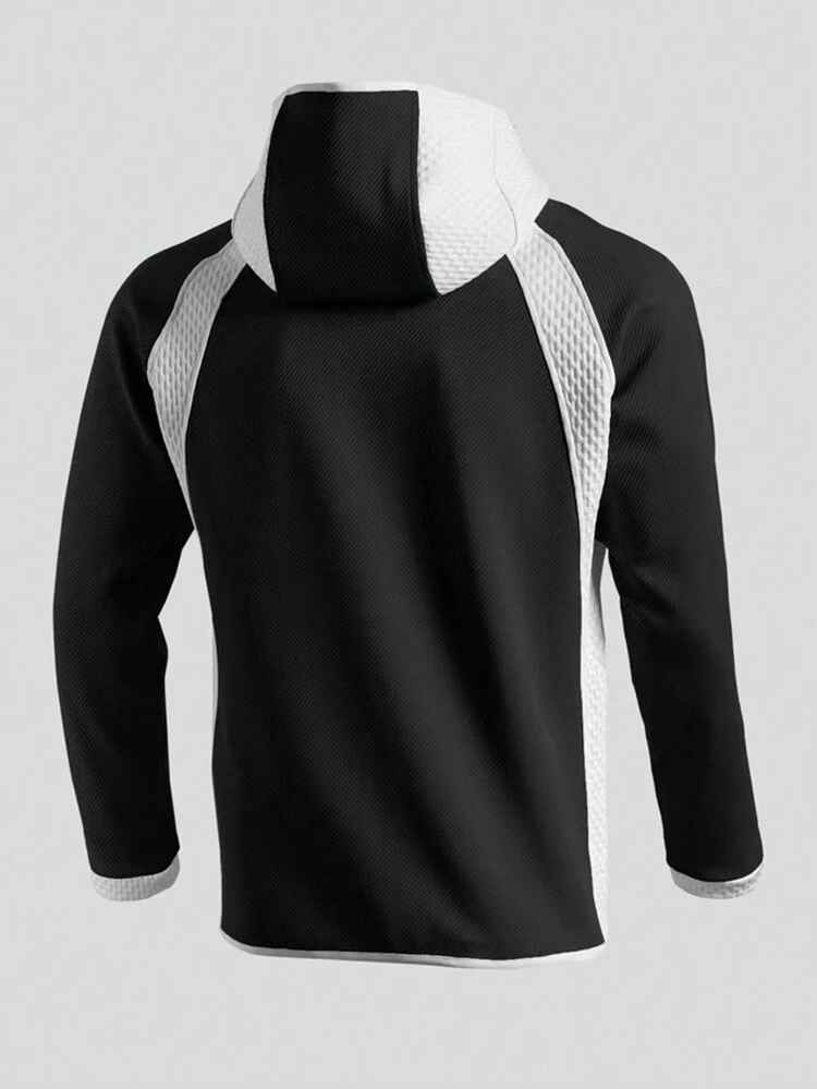Boyfriend Style Men's Contrast Color Zipper Front Hooded Sports Jacket Workout Tops Sports Jacket