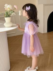 少女純色泡泡袖網紗公主裙 - 紫羅蘭色 - 查看 4