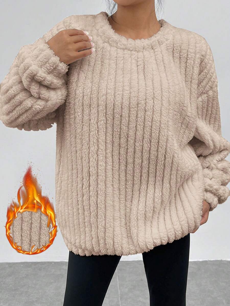 SHEIN EZwear Vòng cổ Thả vai Flannel Áo nỉ - Màu Khaki - Xem 1