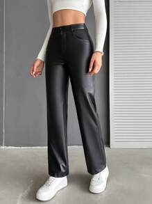 EURMUSE Women's Pu Leather Trousers - Black - View 2