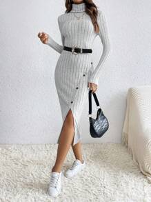 SHEIN Frenchy 純色羅紋針織高領紐帶細節側開衩毛衣連身裙 - 灰色 - 查看 3