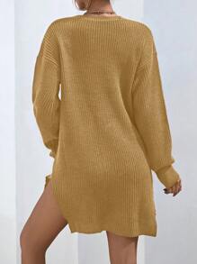 SHEIN Essnce V領下肩毛衣連衣裙,不帶腰帶 - 駝色 - 查看 2