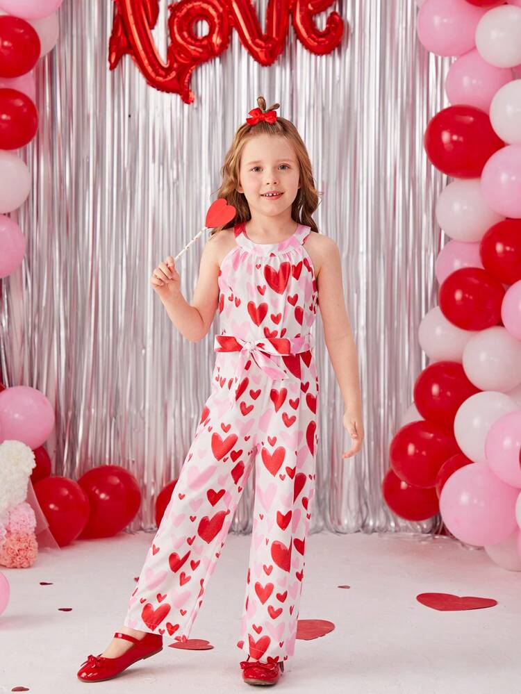 Girls' Heart Pattern Halter Jumpsuit With Belt