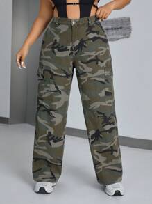 SHEIN ICON 大碼女性迷彩水洗直筒牛仔褲,不彈性 - 彩色 - 查看 3