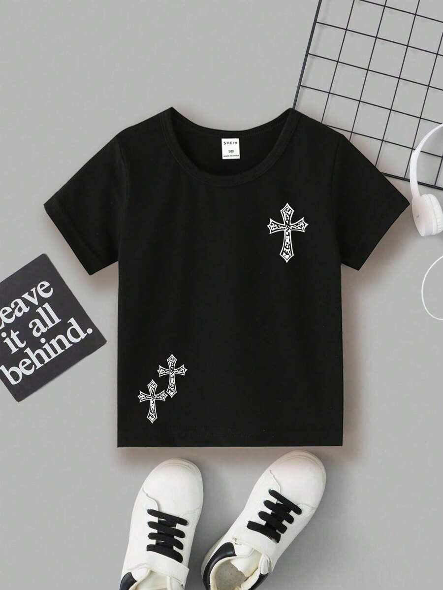 SHEIN Chàng trai trẻ Giải trí Vượt qua In Vòng cổ Ngắn tay Áo thun - màu đen - Xem 1