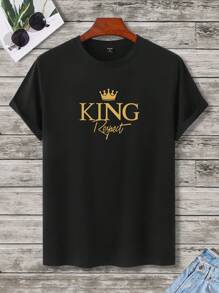 Manfinity Homme 男士皇冠图案短袖 T 恤，适合外出、送给朋友 - 黑色 - 查看 4