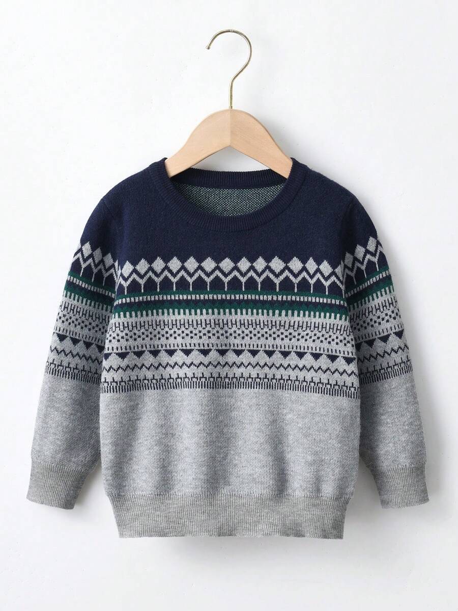 SHEIN 男童幾何圖案圓領毛衣 - 藏蓝色 - 查看 1