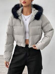 SHEIN EZwear Women's Hooded Padded Parka Jacket With Fur Collar - Grey - View 5