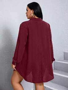 SHEIN Essnce 女士大尺碼純色燈籠袖襯衫連衣裙 - 酒紅色 - 查看 2