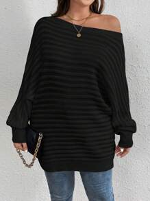 SHEIN LUNE 大尺碼純色蝙蝠袖毛衣 - 黑色 - 查看 6