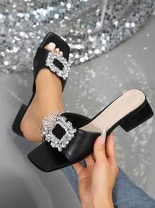 女士水钻扣一脚蹬凉鞋，夏季时尚高跟拖鞋，厚底带，适合约会、购物、通勤、商务、聚会、宴会 - 黑色 - 查看 1