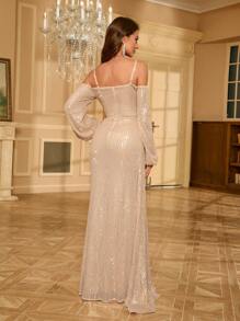 女士露肩亮片灯笼袖派对连衣裙 - 香檳色 - 查看 2