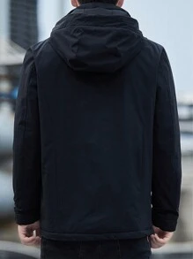 男式纯色连帽抽绳夹棉大衣 - 黑色 - 查看 2