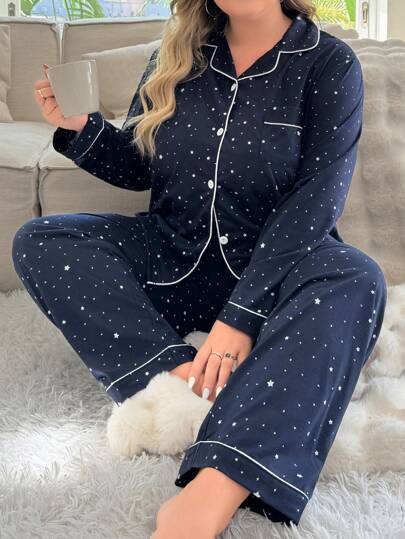 Plus Size Knitted Five Pointed Star Printed Long Sleeve Top & Pants Pajama Set With Long Pants  Cozy And Elegant Details, Fall Winter Clothes Outfit