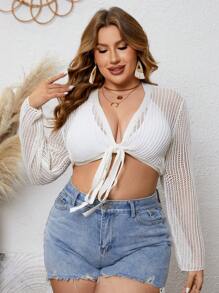 SHEIN Swim Curve 1 chiếc áo khoác cardigan kimono dệt kim màu trơn cỡ lớn mùa hè - trắng - Xem 4