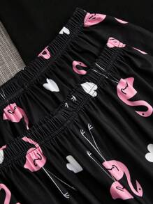 Women'S Letter Printed Flamingo & Heart Pattern Pajama Set - Black - View 4