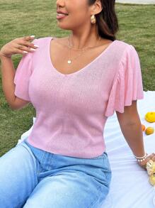 SHEIN MOOSTA 女式大尺碼時尚設計荷葉袖v領針織上衣 - 粉色 - 查看 2