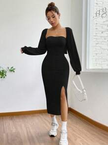 SHEIN EZwear 高開叉裙擺＆無肩帶胸衣連身裙和短外套套裝2入組 - 黑色 - 查看 4