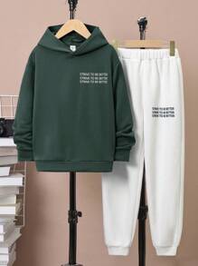 SHEIN 青少年男孩字母圖案連帽衛衣和運動長褲兩件套裝 - 綠色 - 查看 1