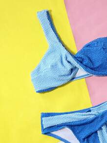 SHEIN Swim 女士单肩拼色分体比基尼套装夏季海滩 - 藍色 - 查看 4