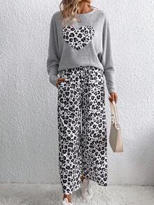 SHEIN LUNE Women's Leopard Print Top And Pants Set - Grey - View 3