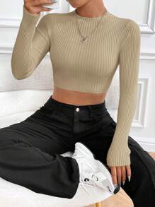 SHEIN Unity 修身款短版長袖毛衣 - 米色 - 查看 1