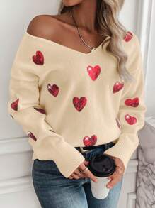 SHEIN LUNE 亮片心形设计落肩针织套头衫秋冬毛衣 - 杏色 - 查看 1