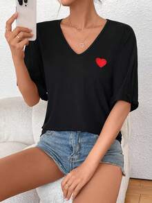 SHEIN LUNE 女士愛心刺繡羅紋t卹 - 黑色 - 查看 4